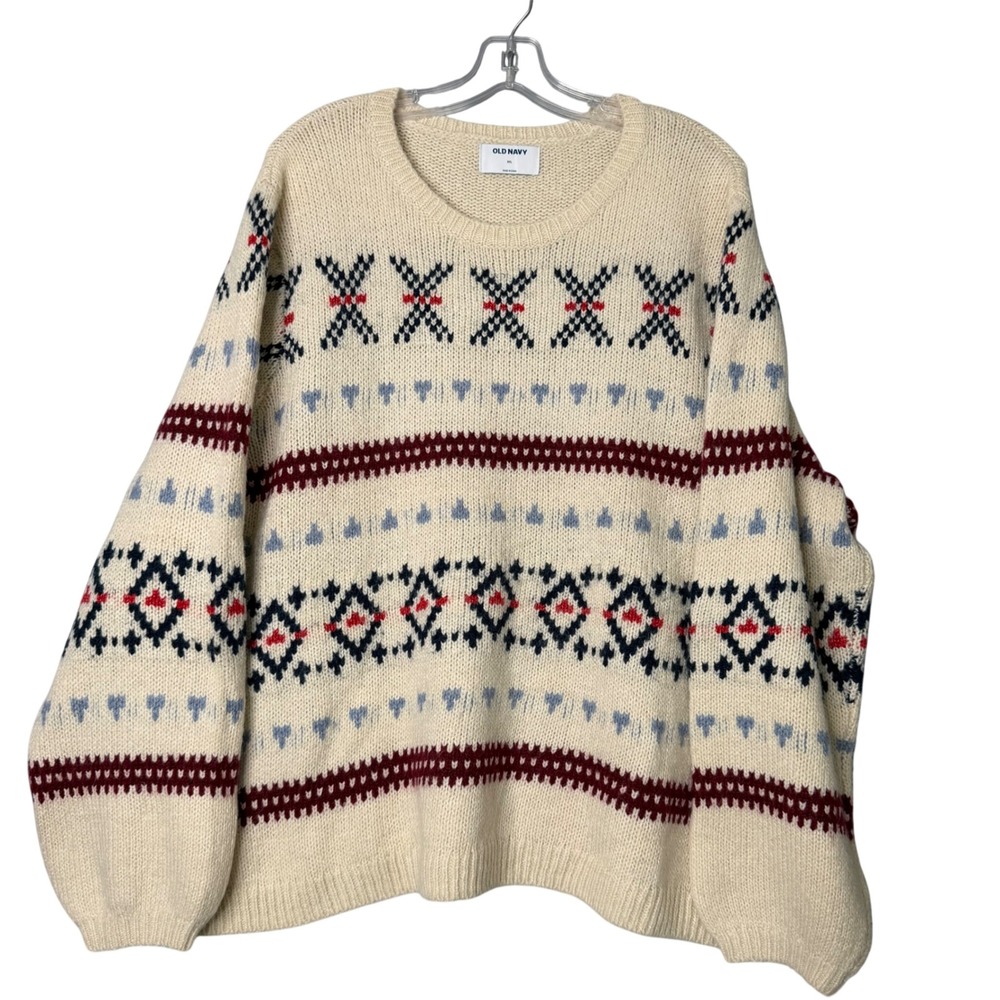 Old Navy Sweater Womens XXL‎ Cream Fair Isle Balloon Sleeve Preppy Cottage Knit